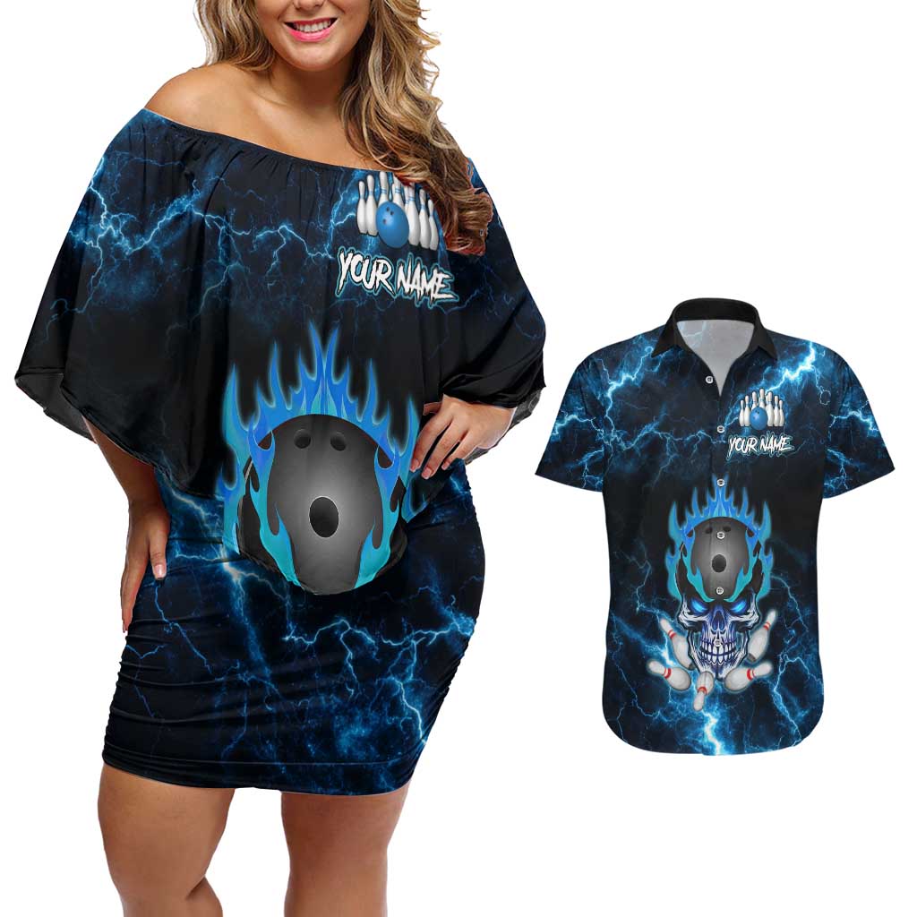 Personalized Bowling Skull Couples Matching Off Shoulder Short Dress and Hawaiian Shirt with Blue Flame Energy and Electric Lightning Strike Pattern - Wonder Print Shop