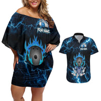 Personalized Bowling Skull Couples Matching Off Shoulder Short Dress and Hawaiian Shirt with Blue Flame Energy and Electric Lightning Strike Pattern - Wonder Print Shop