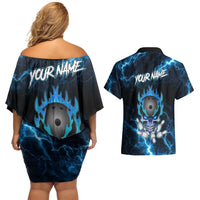 Personalized Bowling Skull Couples Matching Off Shoulder Short Dress and Hawaiian Shirt with Blue Flame Energy and Electric Lightning Strike Pattern - Wonder Print Shop