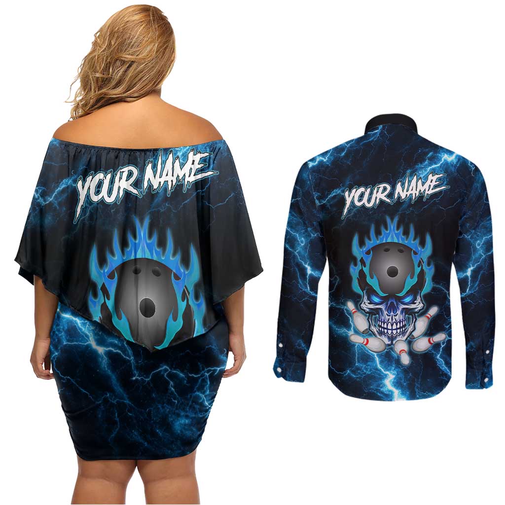 Personalized Bowling Skull Couples Matching Off Shoulder Short Dress and Long Sleeve Button Shirt with Blue Flame Energy and Electric Lightning Strike Pattern - Wonder Print Shop