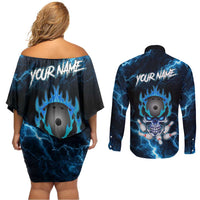 Personalized Bowling Skull Couples Matching Off Shoulder Short Dress and Long Sleeve Button Shirt with Blue Flame Energy and Electric Lightning Strike Pattern - Wonder Print Shop
