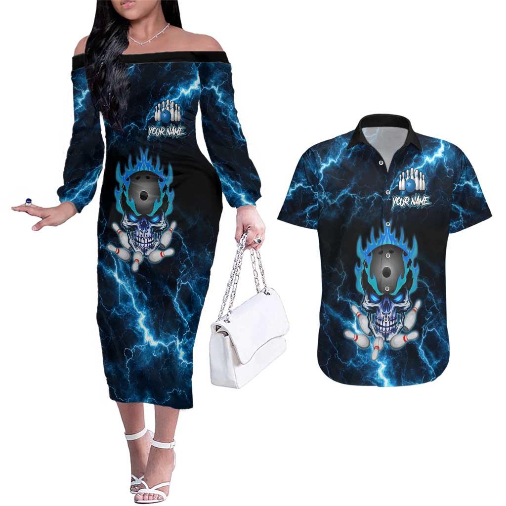 Personalized Bowling Skull Couples Matching Off The Shoulder Long Sleeve Dress and Hawaiian Shirt with Blue Flame Energy and Electric Lightning Strike Pattern - Wonder Print Shop