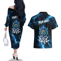 Personalized Bowling Skull Couples Matching Off The Shoulder Long Sleeve Dress and Hawaiian Shirt with Blue Flame Energy and Electric Lightning Strike Pattern - Wonder Print Shop