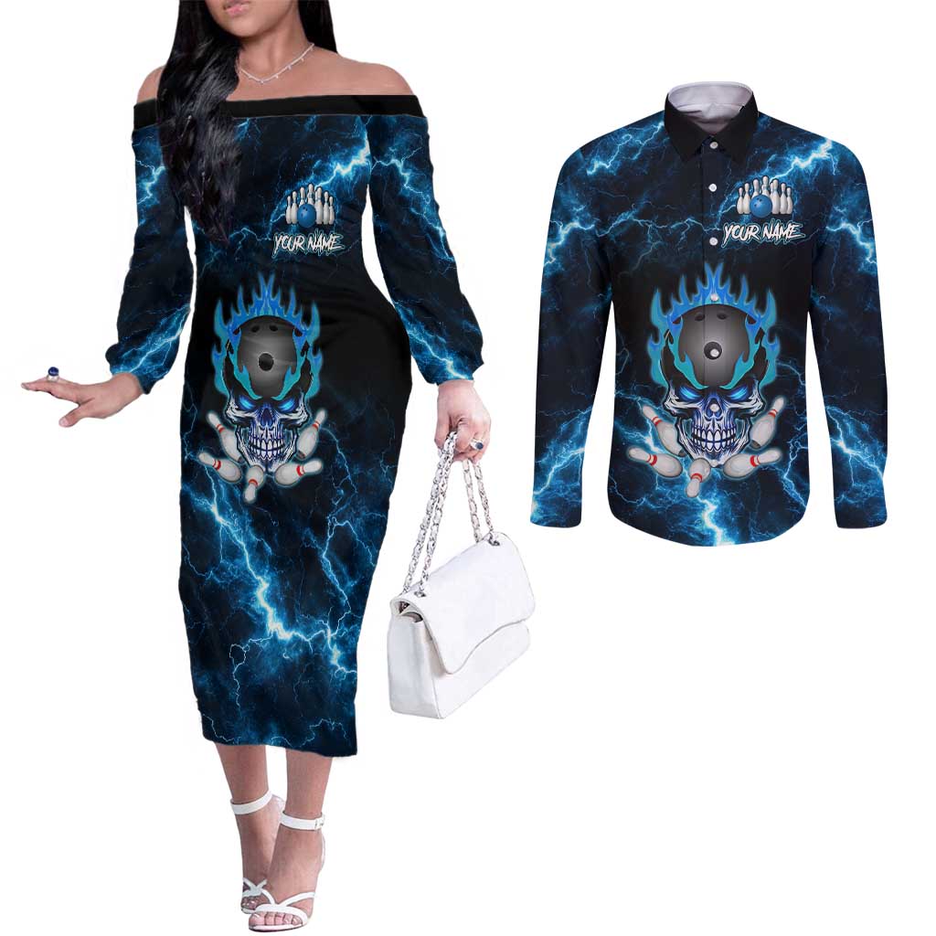 Personalized Bowling Skull Couples Matching Off The Shoulder Long Sleeve Dress and Long Sleeve Button Shirt with Blue Flame Energy and Electric Lightning Strike Pattern - Wonder Print Shop