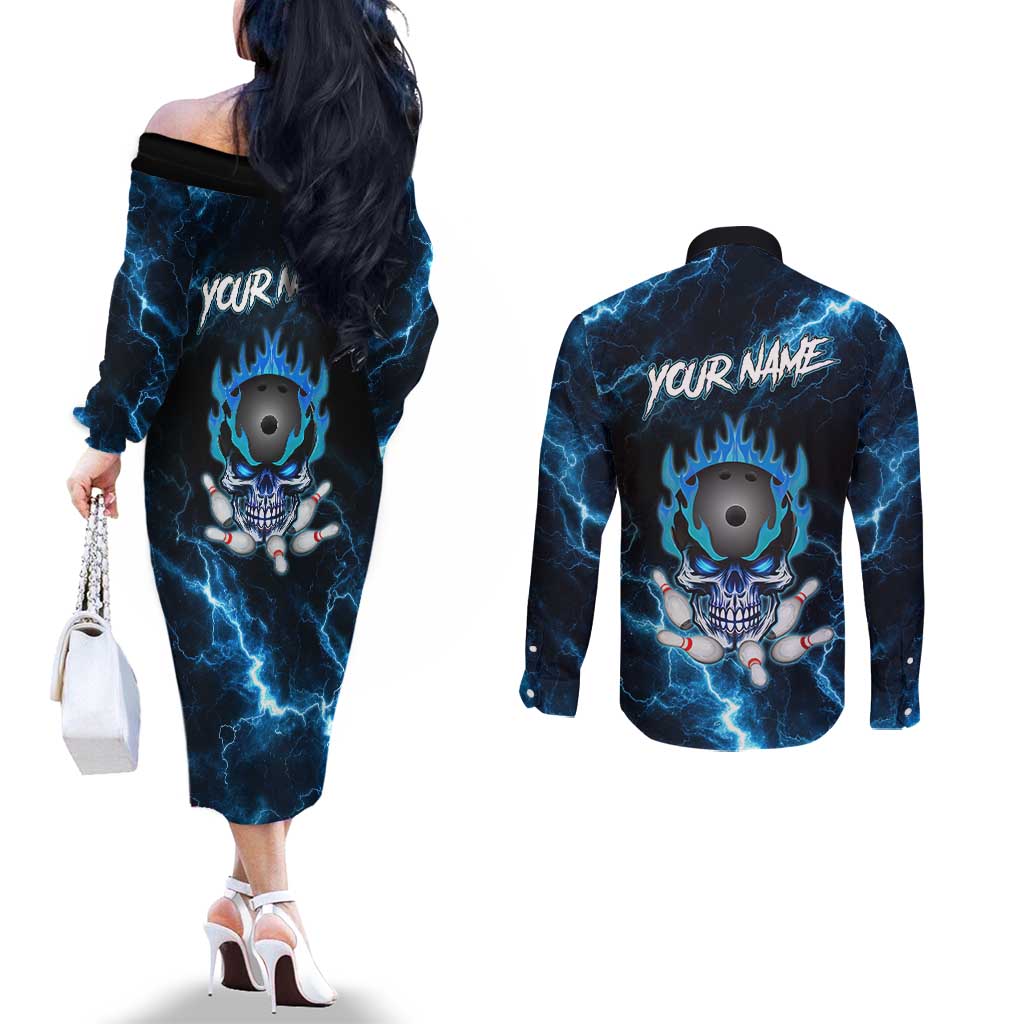 Personalized Bowling Skull Couples Matching Off The Shoulder Long Sleeve Dress and Long Sleeve Button Shirt with Blue Flame Energy and Electric Lightning Strike Pattern - Wonder Print Shop