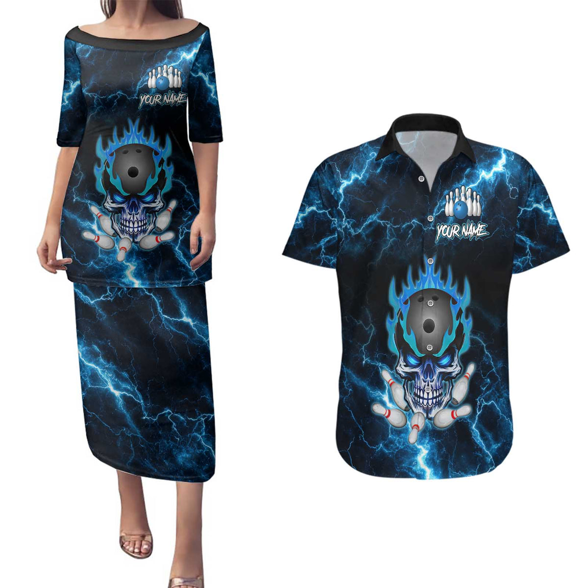 Personalized Bowling Skull Couples Matching Puletasi and Hawaiian Shirt with Blue Flame Energy and Electric Lightning Strike Pattern - Wonder Print Shop