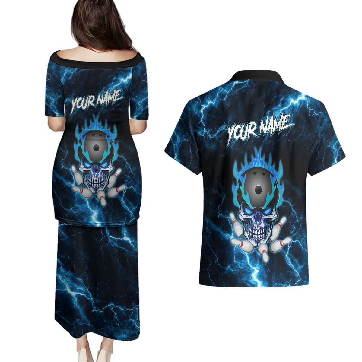 Personalized Bowling Skull Couples Matching Puletasi and Hawaiian Shirt with Blue Flame Energy and Electric Lightning Strike Pattern - Wonder Print Shop