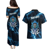 Personalized Bowling Skull Couples Matching Puletasi and Hawaiian Shirt with Blue Flame Energy and Electric Lightning Strike Pattern - Wonder Print Shop