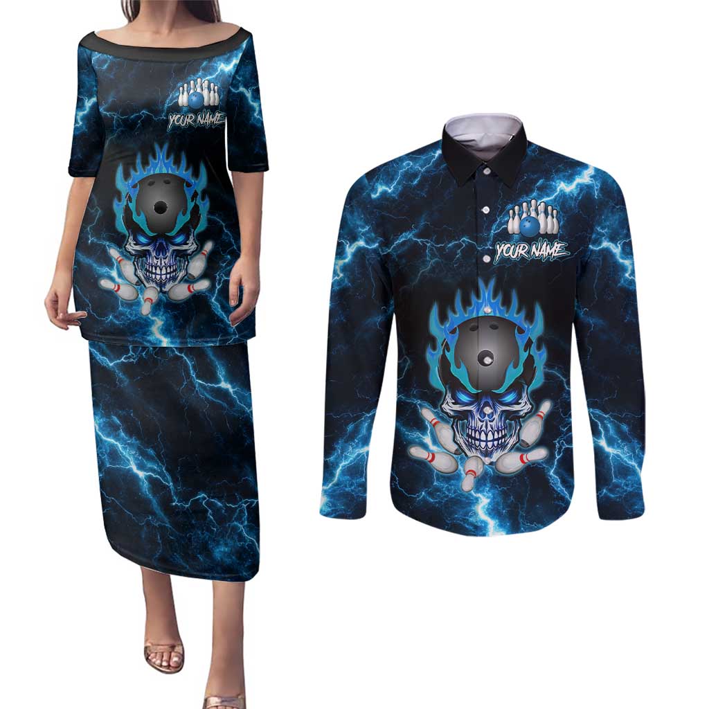Personalized Bowling Skull Couples Matching Puletasi and Long Sleeve Button Shirt with Blue Flame Energy and Electric Lightning Strike Pattern - Wonder Print Shop