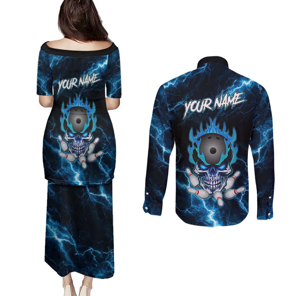 Personalized Bowling Skull Couples Matching Puletasi and Long Sleeve Button Shirt with Blue Flame Energy and Electric Lightning Strike Pattern - Wonder Print Shop