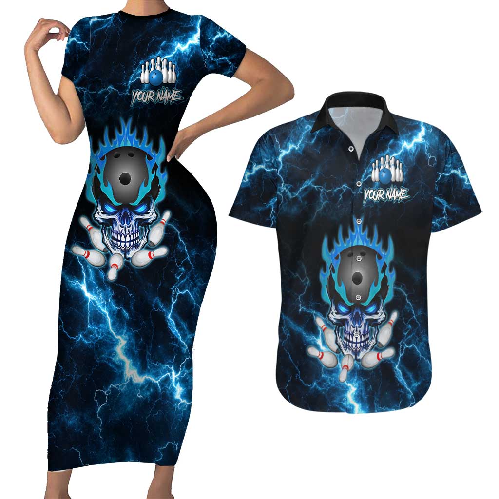 Personalized Bowling Skull Couples Matching Short Sleeve Bodycon Dress and Hawaiian Shirt with Blue Flame Energy and Electric Lightning Strike Pattern - Wonder Print Shop