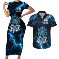 Personalized Bowling Skull Couples Matching Short Sleeve Bodycon Dress and Hawaiian Shirt with Blue Flame Energy and Electric Lightning Strike Pattern - Wonder Print Shop