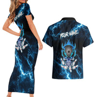 Personalized Bowling Skull Couples Matching Short Sleeve Bodycon Dress and Hawaiian Shirt with Blue Flame Energy and Electric Lightning Strike Pattern - Wonder Print Shop
