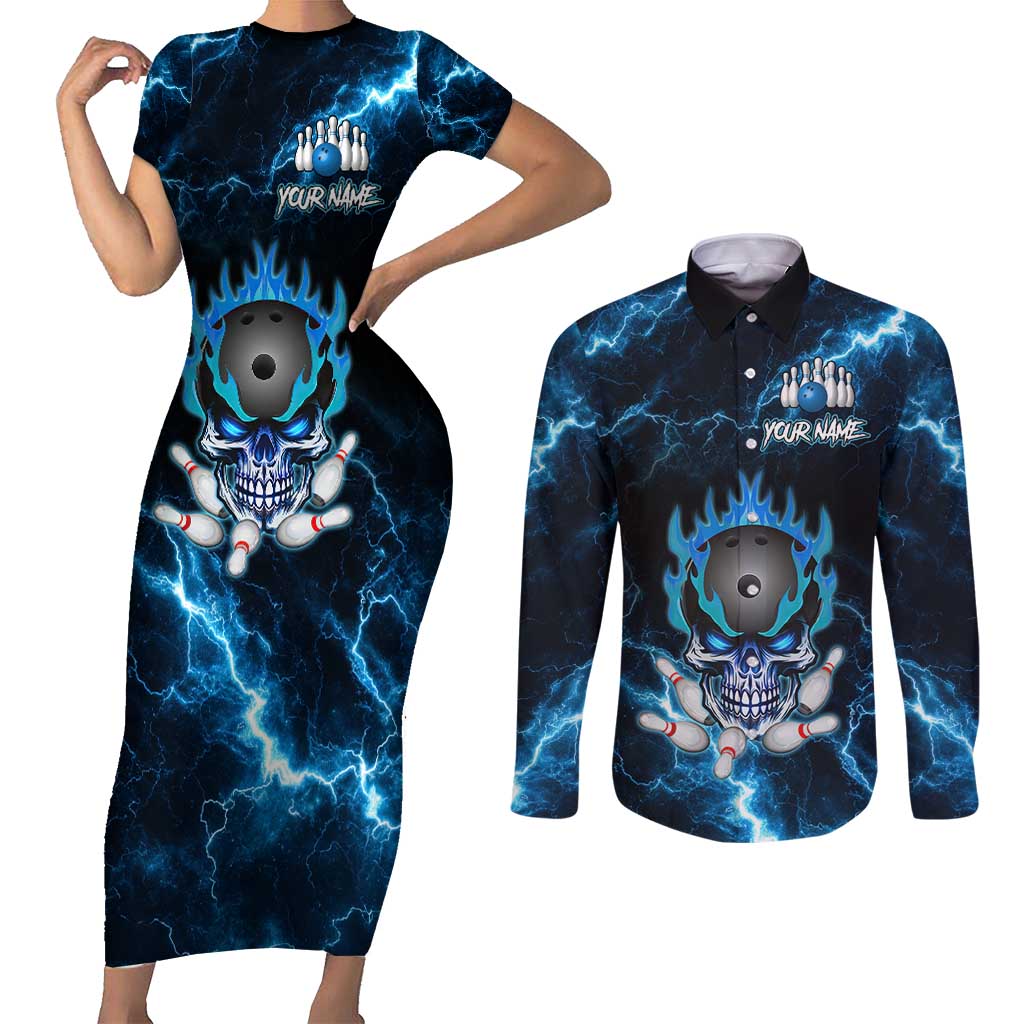 Personalized Bowling Skull Couples Matching Short Sleeve Bodycon Dress and Long Sleeve Button Shirt with Blue Flame Energy and Electric Lightning Strike Pattern - Wonder Print Shop