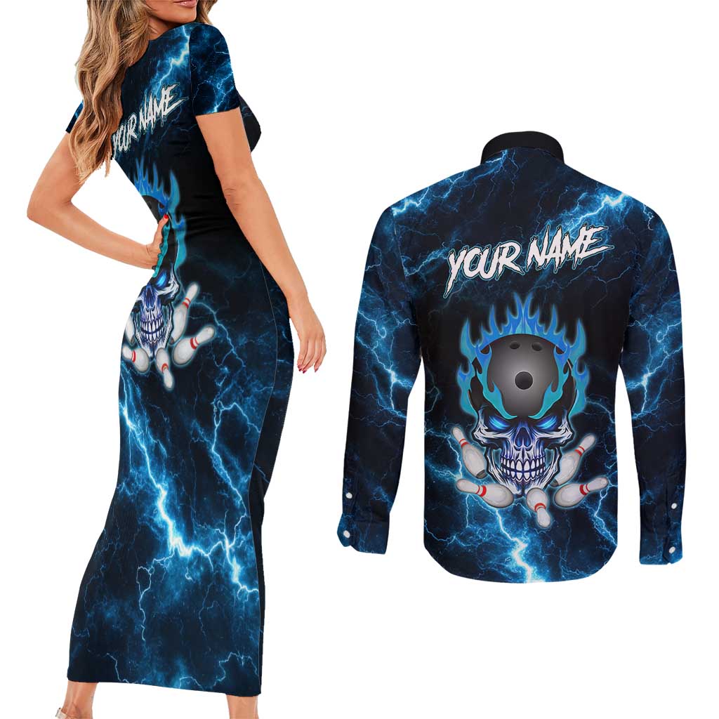 Personalized Bowling Skull Couples Matching Short Sleeve Bodycon Dress and Long Sleeve Button Shirt with Blue Flame Energy and Electric Lightning Strike Pattern - Wonder Print Shop