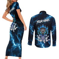 Personalized Bowling Skull Couples Matching Short Sleeve Bodycon Dress and Long Sleeve Button Shirt with Blue Flame Energy and Electric Lightning Strike Pattern - Wonder Print Shop