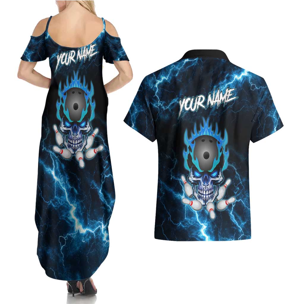 Personalized Bowling Skull Couples Matching Summer Maxi Dress and Hawaiian Shirt with Blue Flame Energy and Electric Lightning Strike Pattern - Wonder Print Shop
