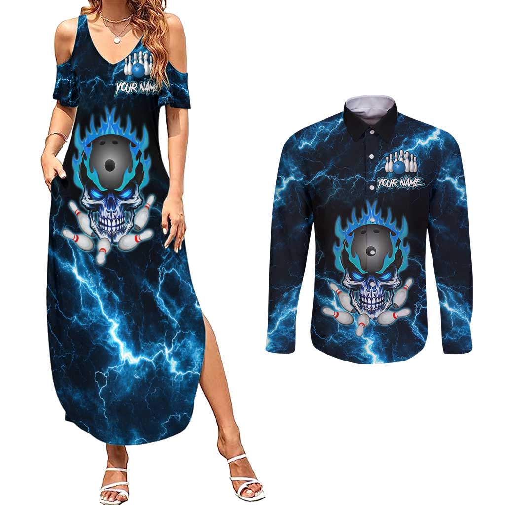 Personalized Bowling Skull Couples Matching Summer Maxi Dress and Long Sleeve Button Shirt with Blue Flame Energy and Electric Lightning Strike Pattern - Wonder Print Shop