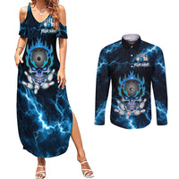 Personalized Bowling Skull Couples Matching Summer Maxi Dress and Long Sleeve Button Shirt with Blue Flame Energy and Electric Lightning Strike Pattern - Wonder Print Shop