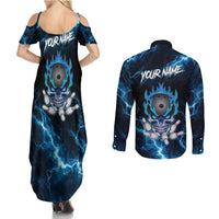 Personalized Bowling Skull Couples Matching Summer Maxi Dress and Long Sleeve Button Shirt with Blue Flame Energy and Electric Lightning Strike Pattern - Wonder Print Shop