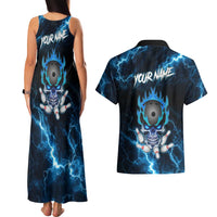 Personalized Bowling Skull Couples Matching Tank Maxi Dress and Hawaiian Shirt with Blue Flame Energy and Electric Lightning Strike Pattern - Wonder Print Shop