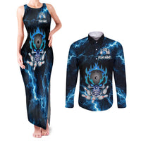 Personalized Bowling Skull Couples Matching Tank Maxi Dress and Long Sleeve Button Shirt with Blue Flame Energy and Electric Lightning Strike Pattern - Wonder Print Shop