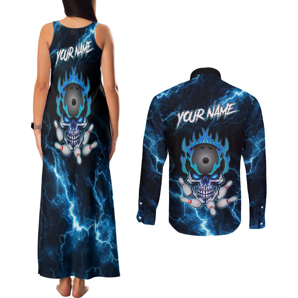 Personalized Bowling Skull Couples Matching Tank Maxi Dress and Long Sleeve Button Shirt with Blue Flame Energy and Electric Lightning Strike Pattern - Wonder Print Shop