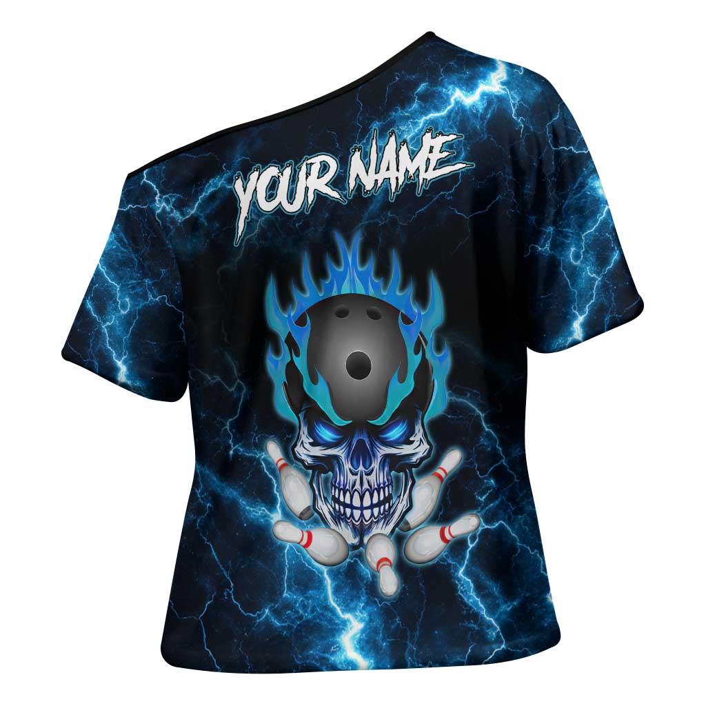 Personalized Bowling Skull Cross Shoulder Shirt with Blue Flame Energy and Electric Lightning Strike Pattern - Wonder Print Shop
