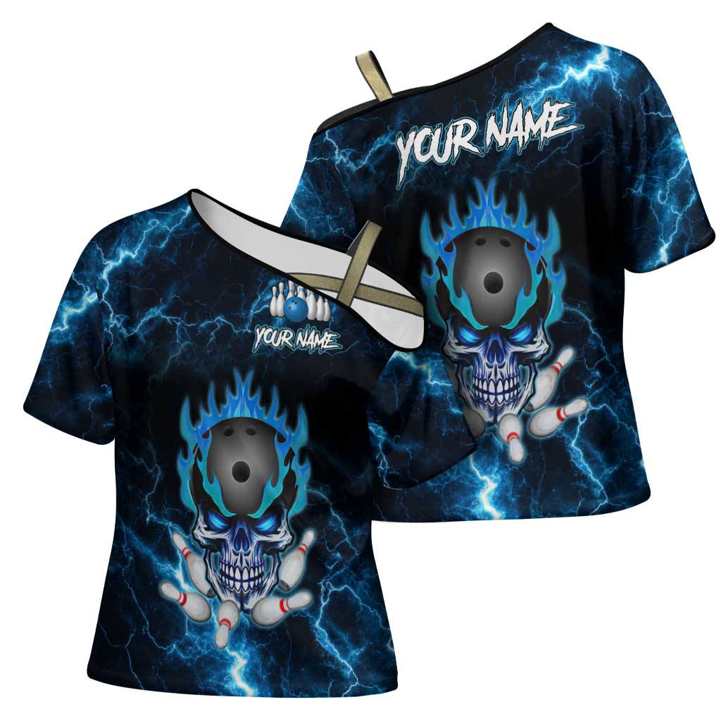 Personalized Bowling Skull Cross Shoulder Shirt with Blue Flame Energy and Electric Lightning Strike Pattern - Wonder Print Shop