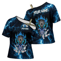 Personalized Bowling Skull Cross Shoulder Shirt with Blue Flame Energy and Electric Lightning Strike Pattern - Wonder Print Shop
