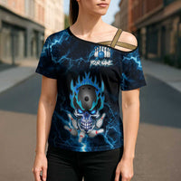 Personalized Bowling Skull Cross Shoulder Shirt with Blue Flame Energy and Electric Lightning Strike Pattern - Wonder Print Shop