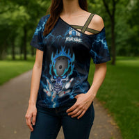 Personalized Bowling Skull Cross Shoulder Shirt with Blue Flame Energy and Electric Lightning Strike Pattern - Wonder Print Shop