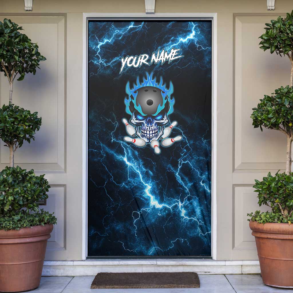 Personalized Bowling Skull Door Cover with Blue Flame Energy and Electric Lightning Strike Pattern - Wonder Print Shop