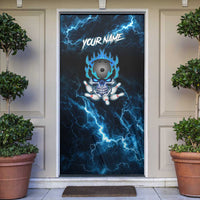 Personalized Bowling Skull Door Cover with Blue Flame Energy and Electric Lightning Strike Pattern - Wonder Print Shop