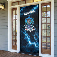 Personalized Bowling Skull Door Cover with Blue Flame Energy and Electric Lightning Strike Pattern - Wonder Print Shop