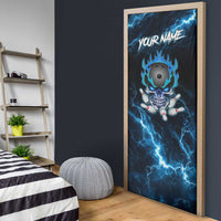 Personalized Bowling Skull Door Cover with Blue Flame Energy and Electric Lightning Strike Pattern - Wonder Print Shop