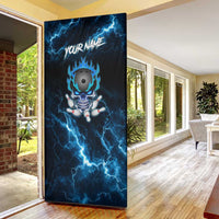 Personalized Bowling Skull Door Cover with Blue Flame Energy and Electric Lightning Strike Pattern - Wonder Print Shop