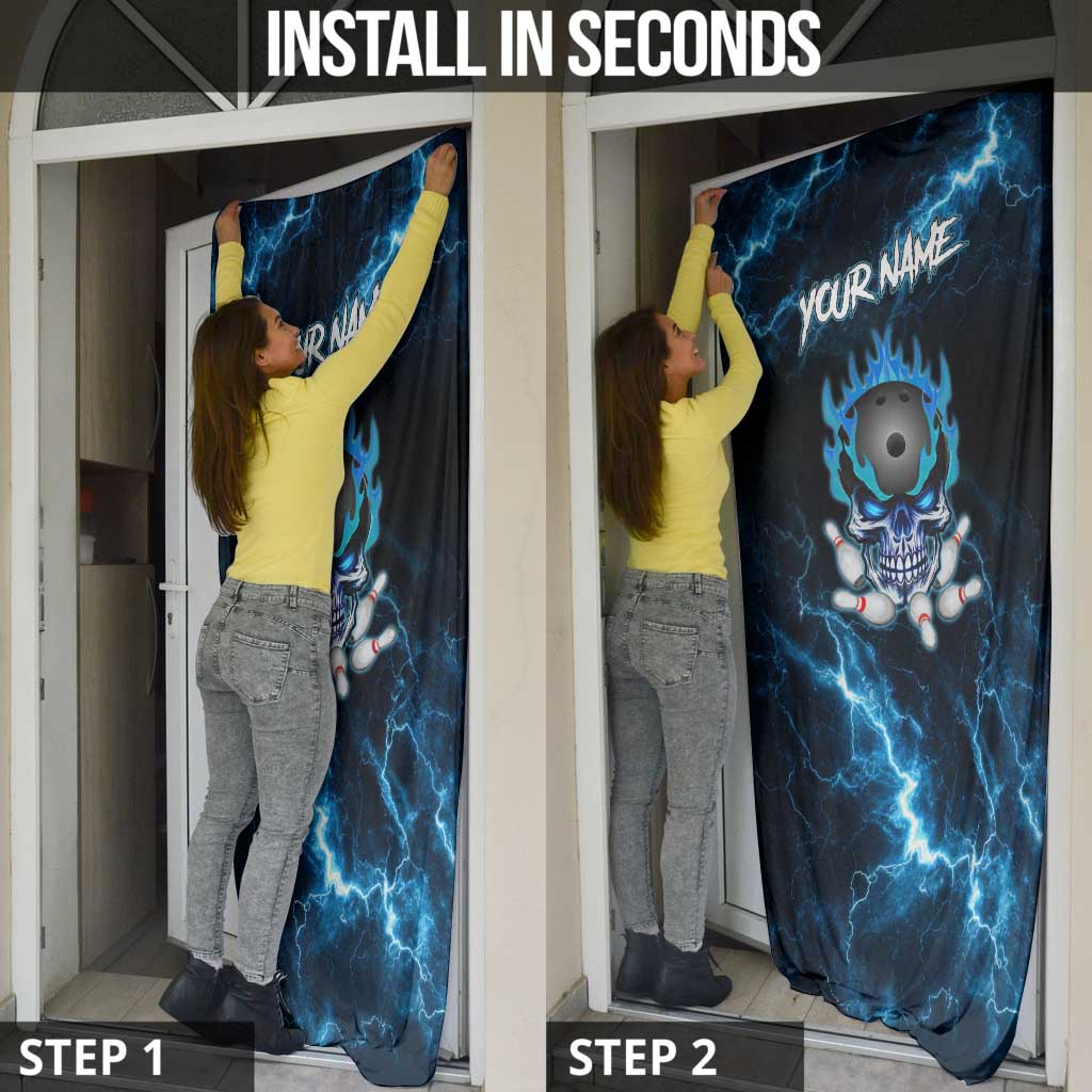 Personalized Bowling Skull Door Cover with Blue Flame Energy and Electric Lightning Strike Pattern - Wonder Print Shop