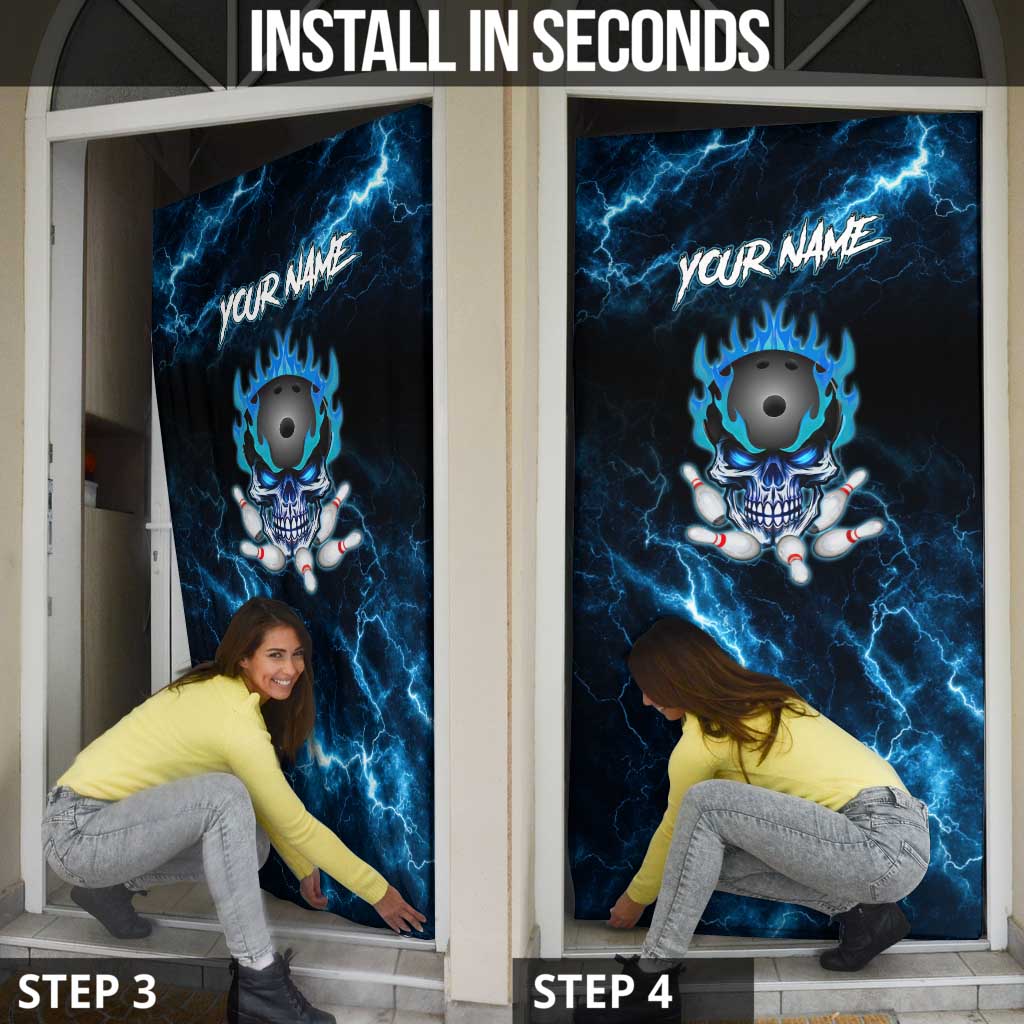Personalized Bowling Skull Door Cover with Blue Flame Energy and Electric Lightning Strike Pattern - Wonder Print Shop
