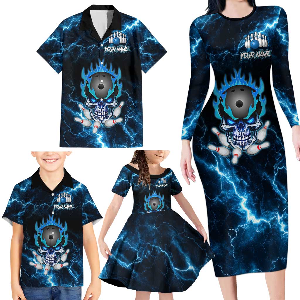 Personalized Bowling Skull Family Matching Long Sleeve Bodycon Dress and Hawaiian Shirt with Blue Flame Energy and Electric Lightning Strike Pattern - Wonder Print Shop