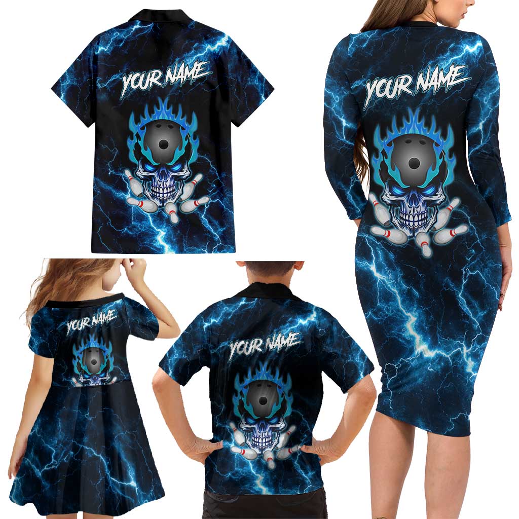 Personalized Bowling Skull Family Matching Long Sleeve Bodycon Dress and Hawaiian Shirt with Blue Flame Energy and Electric Lightning Strike Pattern - Wonder Print Shop