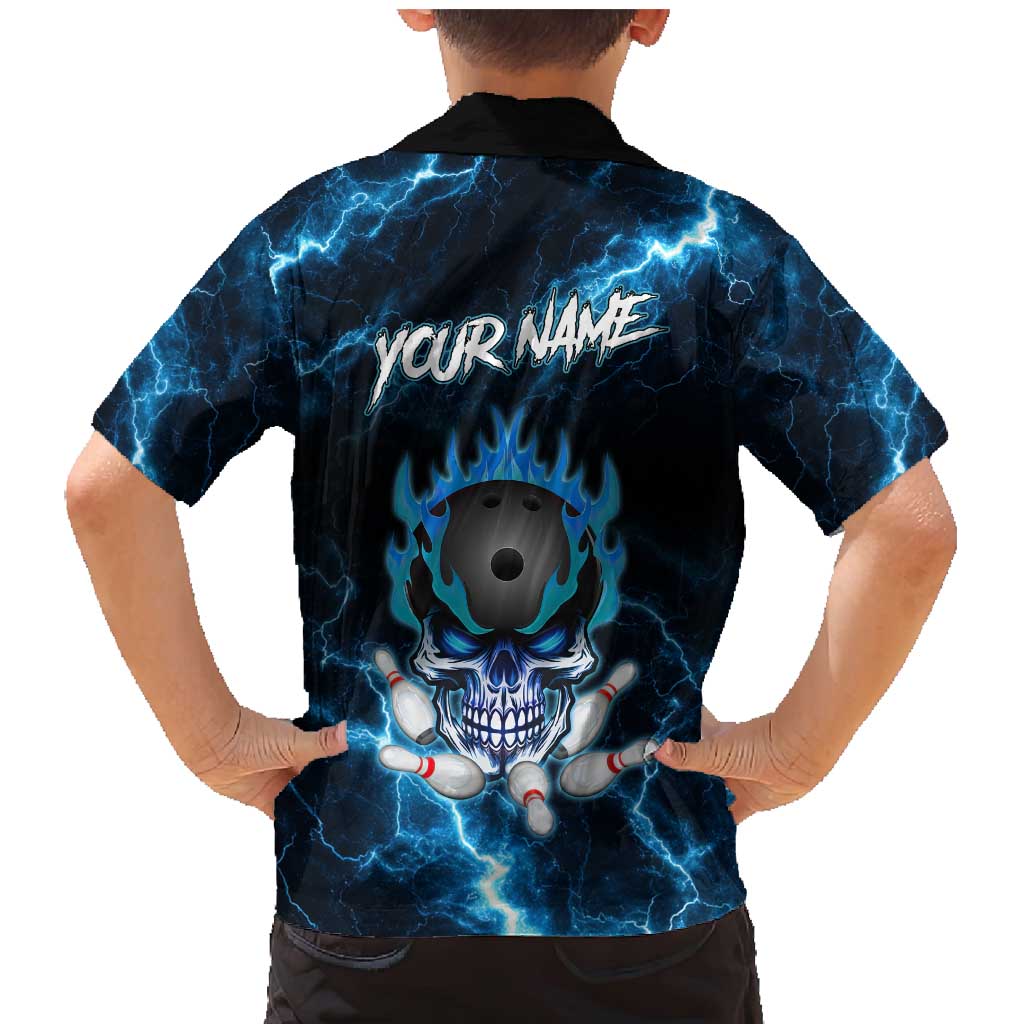 Personalized Bowling Skull Family Matching Mermaid Dress and Hawaiian Shirt with Blue Flame Energy and Electric Lightning Strike Pattern - Wonder Print Shop