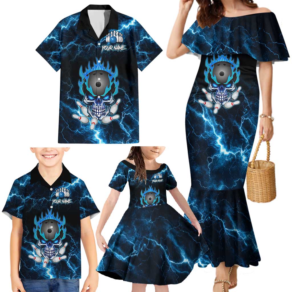 Personalized Bowling Skull Family Matching Mermaid Dress and Hawaiian Shirt with Blue Flame Energy and Electric Lightning Strike Pattern - Wonder Print Shop