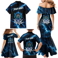 Personalized Bowling Skull Family Matching Mermaid Dress and Hawaiian Shirt with Blue Flame Energy and Electric Lightning Strike Pattern - Wonder Print Shop