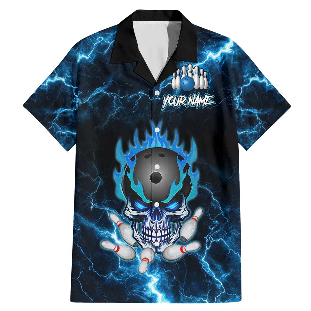 Personalized Bowling Skull Family Matching Mermaid Dress and Hawaiian Shirt with Blue Flame Energy and Electric Lightning Strike Pattern - Wonder Print Shop