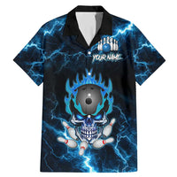 Personalized Bowling Skull Family Matching Mermaid Dress and Hawaiian Shirt with Blue Flame Energy and Electric Lightning Strike Pattern - Wonder Print Shop