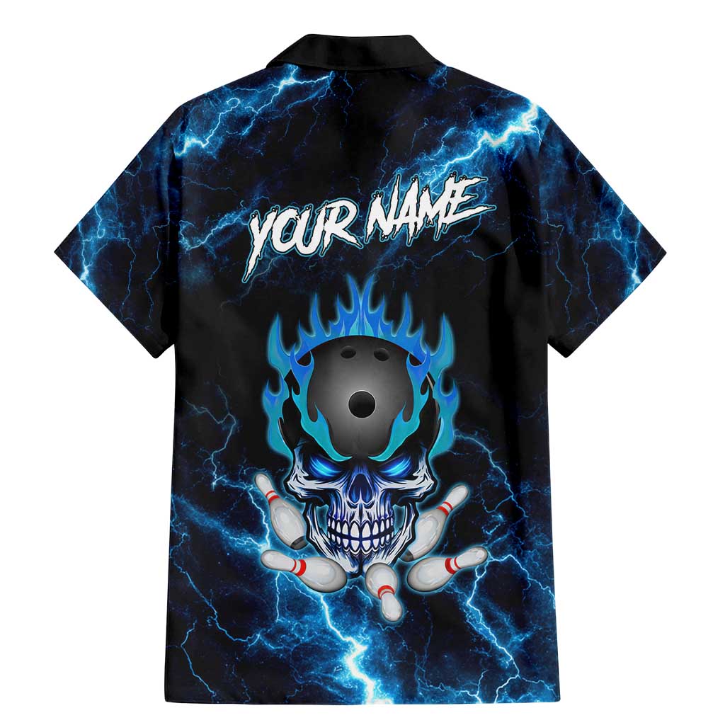 Personalized Bowling Skull Family Matching Mermaid Dress and Hawaiian Shirt with Blue Flame Energy and Electric Lightning Strike Pattern - Wonder Print Shop