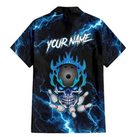 Personalized Bowling Skull Family Matching Mermaid Dress and Hawaiian Shirt with Blue Flame Energy and Electric Lightning Strike Pattern - Wonder Print Shop