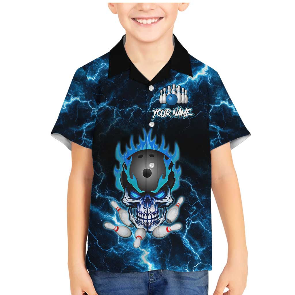 Personalized Bowling Skull Family Matching Mermaid Dress and Hawaiian Shirt with Blue Flame Energy and Electric Lightning Strike Pattern - Wonder Print Shop