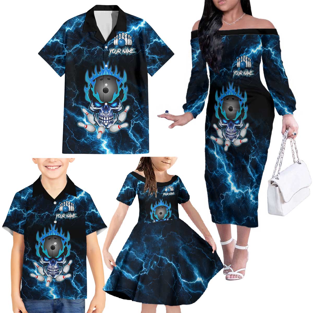 Personalized Bowling Skull Family Matching Off The Shoulder Long Sleeve Dress and Hawaiian Shirt with Blue Flame Energy and Electric Lightning Strike Pattern - Wonder Print Shop